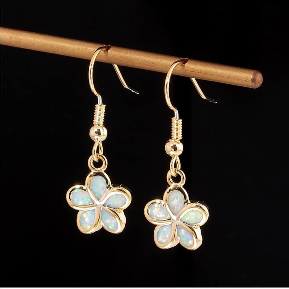 18K Yellow Gold with Genuine White Fire Opal Dangling Flower Drop Hook Earrings - Picture 3 of 5